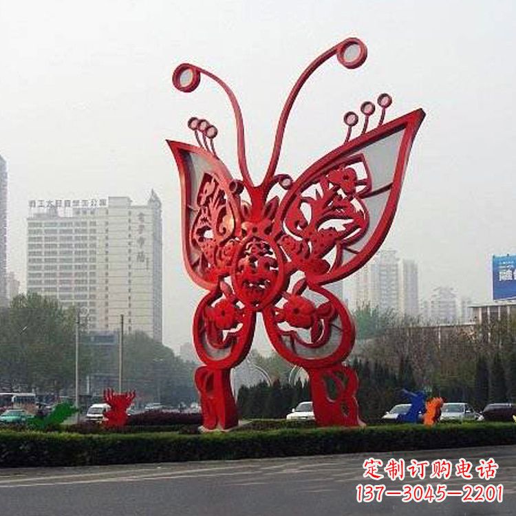 赣州城市园林道路绿化带大型红色蝴蝶不锈钢雕塑景观