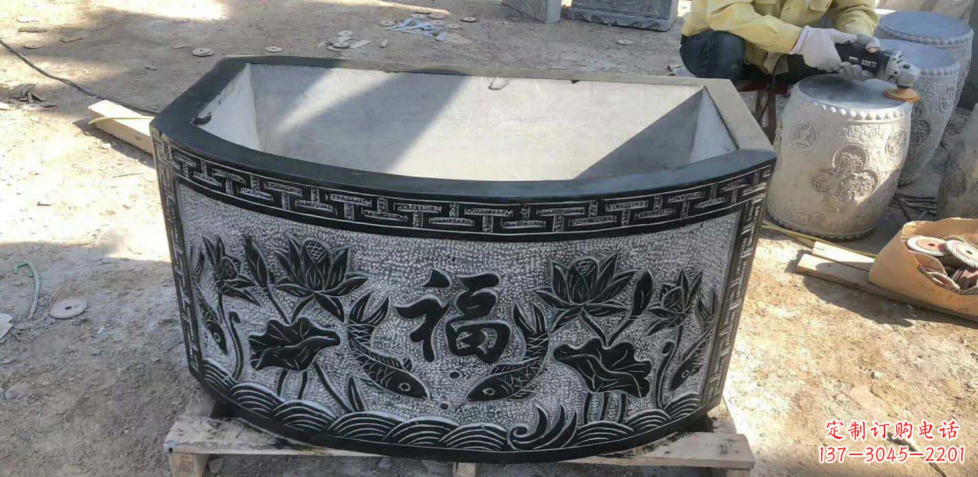 赣州精致方口石浮雕水缸雕塑