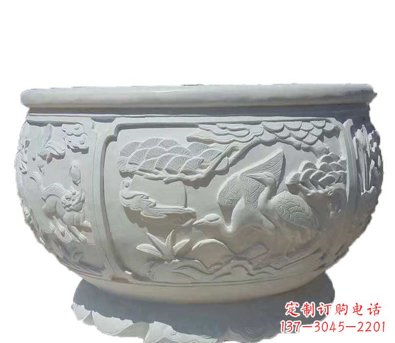 赣州仿古鱼缸石雕花盆摆件