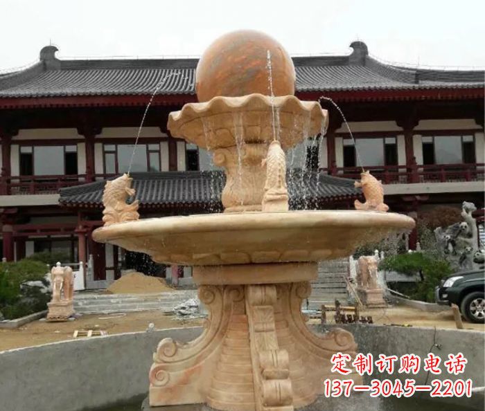 赣州双层风水球喷泉晚霞红石雕