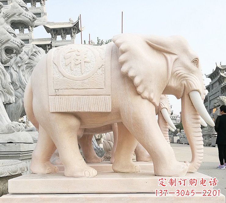 赣州晚霞红吉祥如意大象石雕