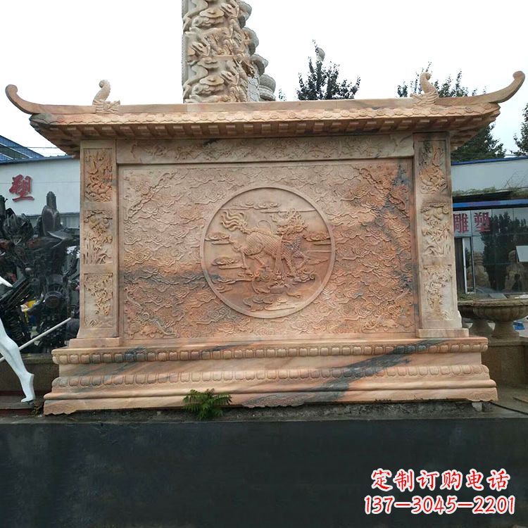 赣州晚霞红麒麟影壁墙石雕