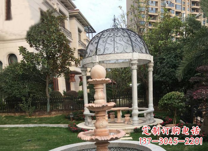 赣州晚霞红三层风水球喷泉小区石雕