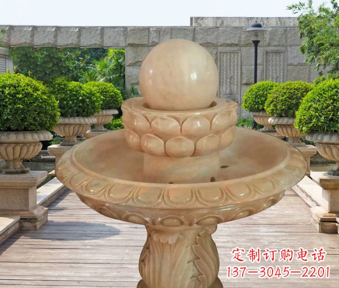 赣州晚霞红双层风水球公园喷泉石雕 (2)