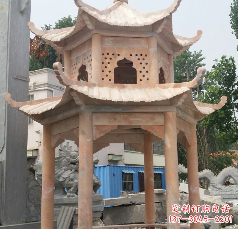 赣州晚霞红双层六角凉亭石雕 (2)