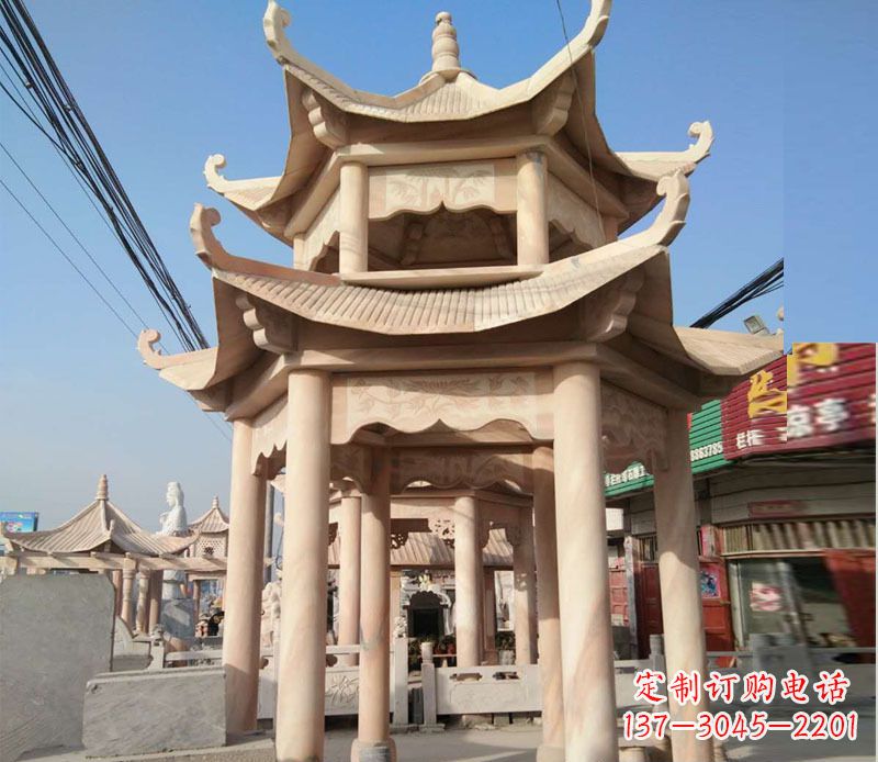 赣州晚霞红双层六角凉亭石雕 (3)