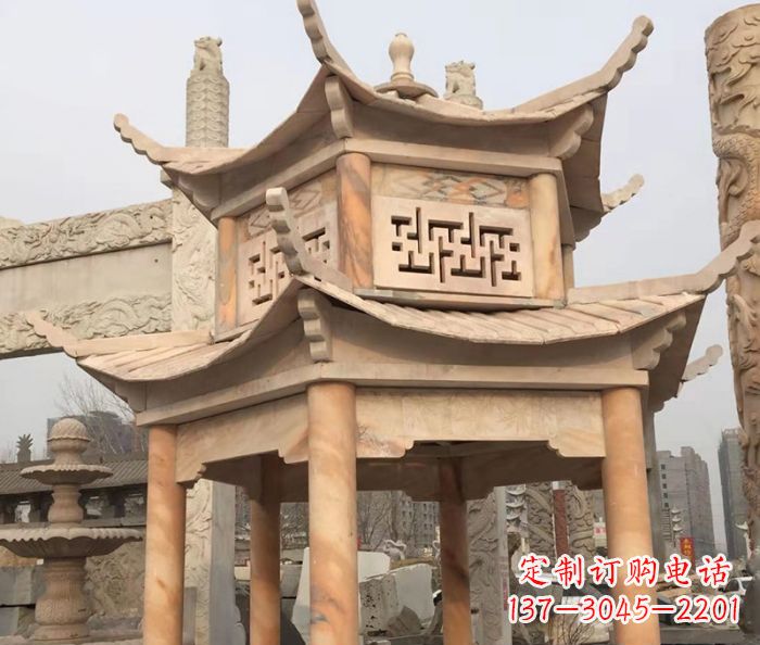 赣州晚霞红双层石雕凉亭