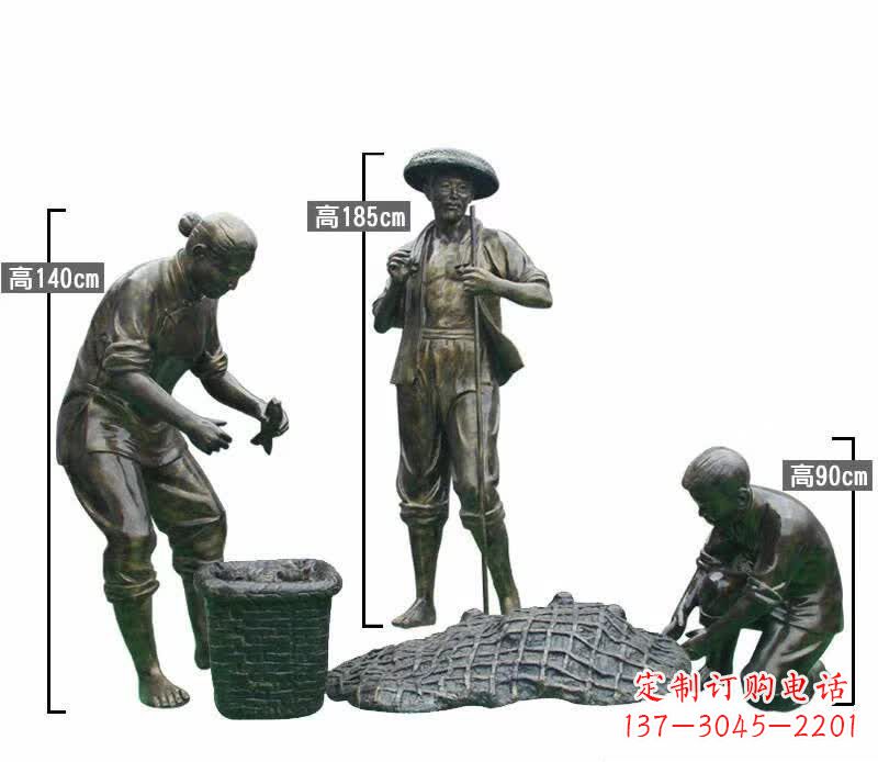 赣州渔夫捕鱼民俗铜雕