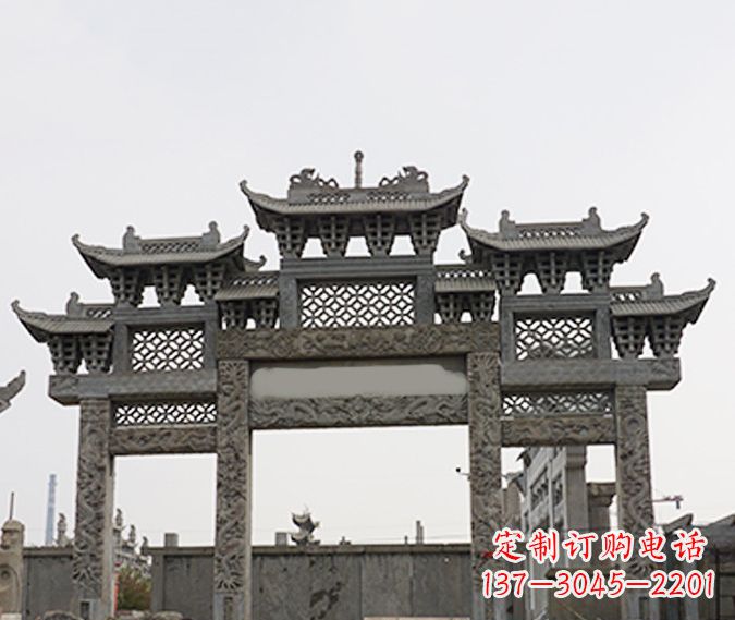 赣州园林仿古三门牌坊石雕 (4)