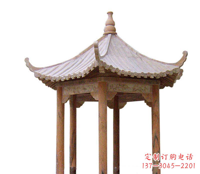 赣州园林晚霞红六角石凉亭景观石雕 (2)