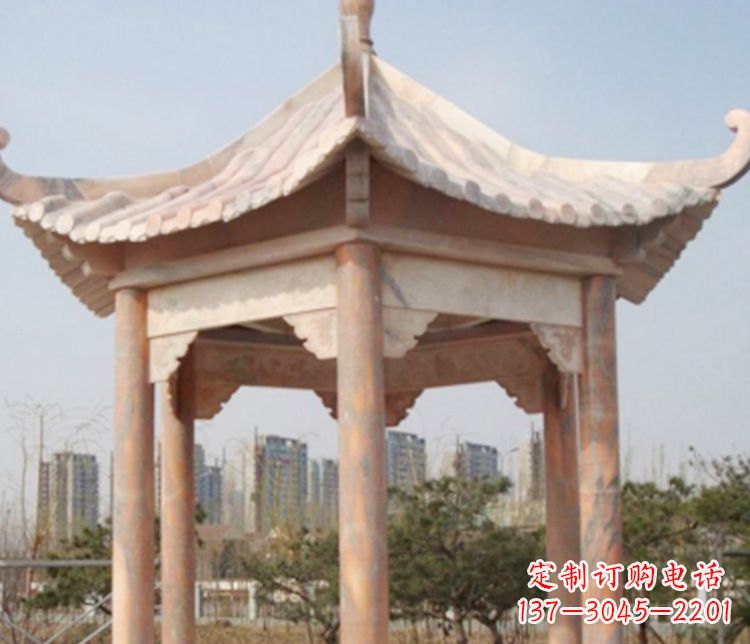 赣州园林晚霞红六角石凉亭景观石雕