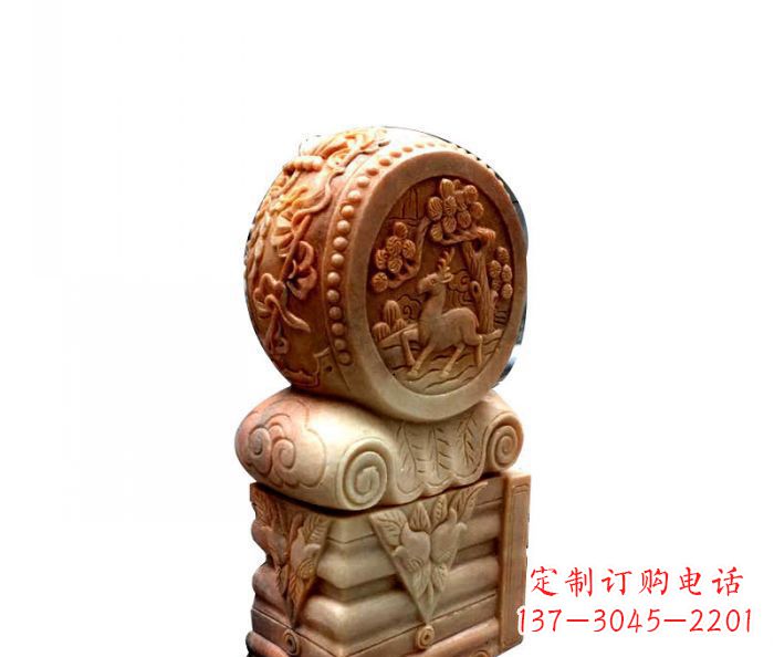 赣州招财石门墩晚霞红抱鼓石